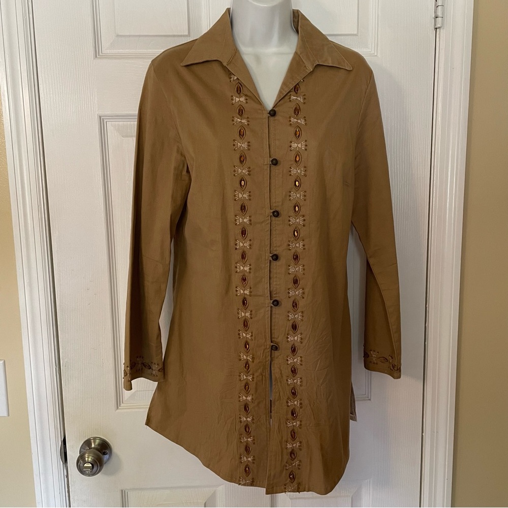Stones Womens Button Front Dress Tunic Size L Brown Embellished Front and Sleeve